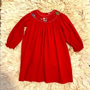 Red, corduroy, holiday dress with smocked neckline